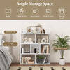 7-cube open-back bookshelf in white with 4 large and 3 medium storage cubes, ideal for living room or office.