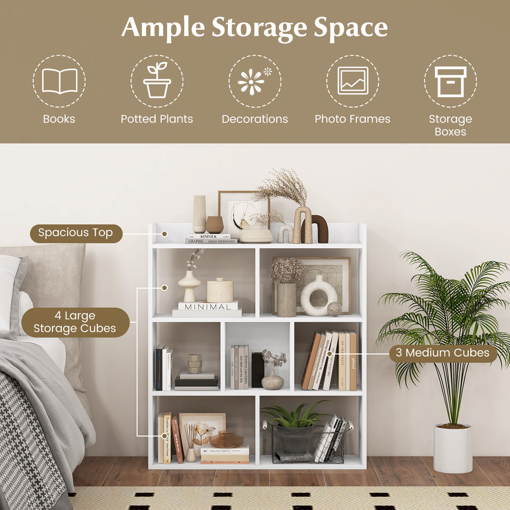 7-cube open-back bookshelf in white with 4 large and 3 medium storage cubes, ideal for living room or office.