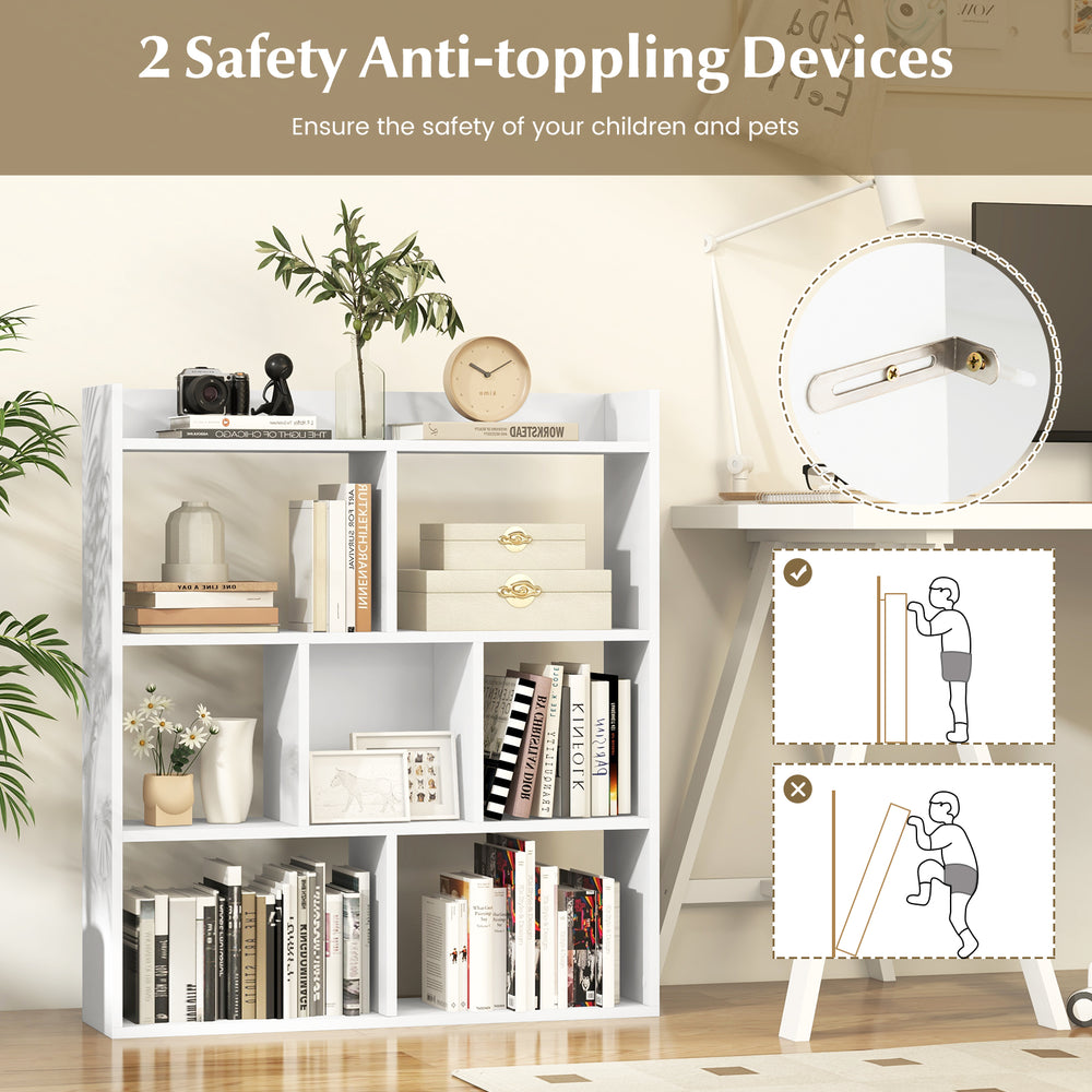 7 cubes open-back bookshelf in white with anti-toppling devices, ideal for safe storage in living room or office.