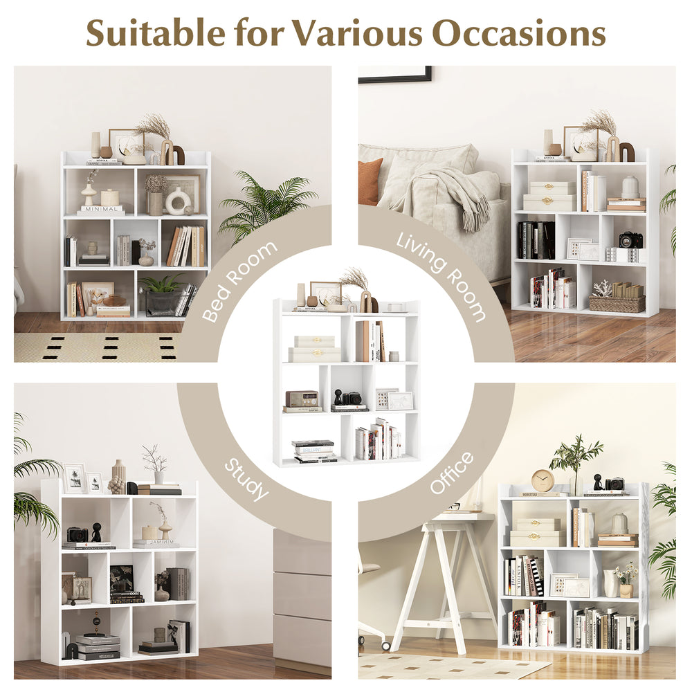 7-cube open-back bookshelf in white, featuring spacious storage and anti-toppling devices, ideal for living room or.