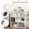 7-cube open-back bookshelf in white with raised edges, non-slip foot pads, and ample storage for home or office use.