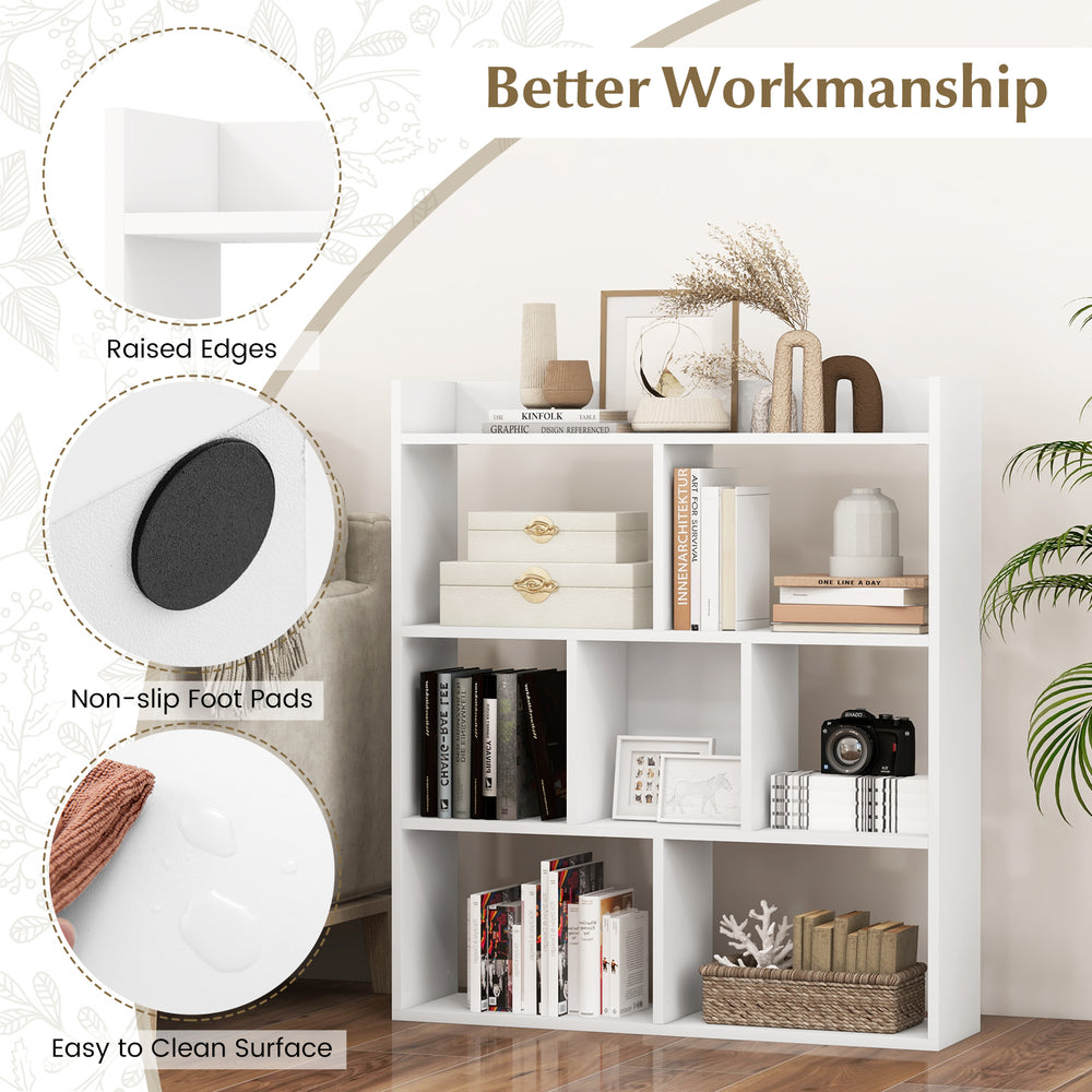 7-cube open-back bookshelf in white with raised edges, non-slip foot pads, and ample storage for home or office use.