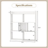 7-cube open-back bookshelf in white with dimensions, featuring spacious storage for bedroom, living room, or office use.