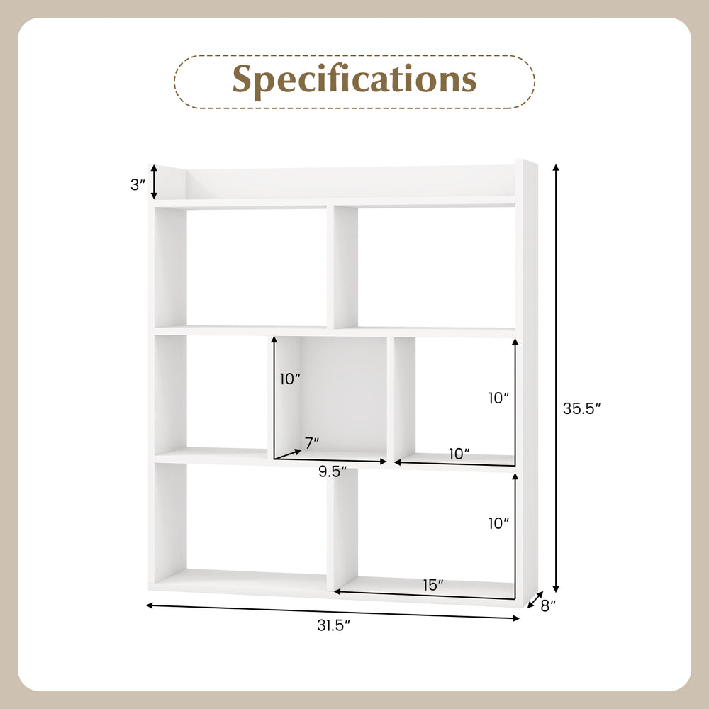7-cube open-back bookshelf in white with dimensions, featuring spacious storage for bedroom, living room, or office use.
