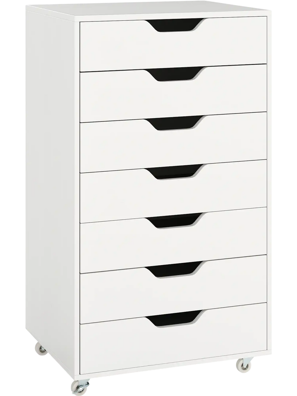7-drawer white storage dresser with wheels, made of durable engineered wood, ideal for bedroom or office organization.