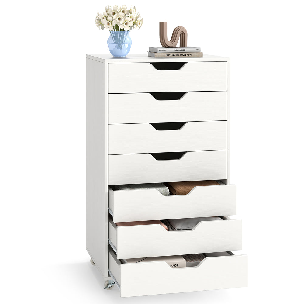 7-drawer white storage dresser with wheels, featuring smooth sliding rails and concave handles, ideal for bedroom or.