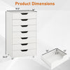 7-drawer chest storage dresser in white with wheels, featuring smooth sliding rails and ample storage for various items.
