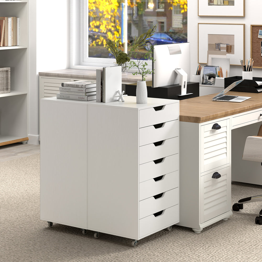 7-drawer white storage cabinet on wheels, featuring smooth sliding rails and ample space for office or home.