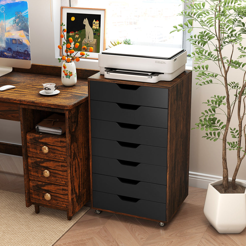 7-Drawer Chest Wooden Storage Dresser with Lockable Wheels-Rustic Brown - Gallery View 1 of 12