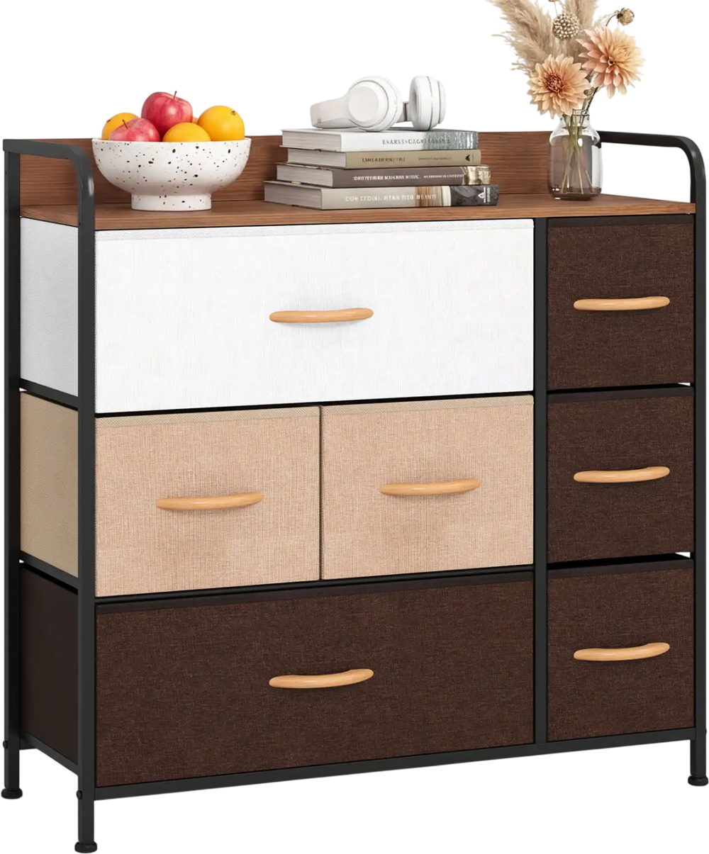 7 Drawer Tower Steel Frame and Wooden Top Dresser Storage Chest for Bedroom