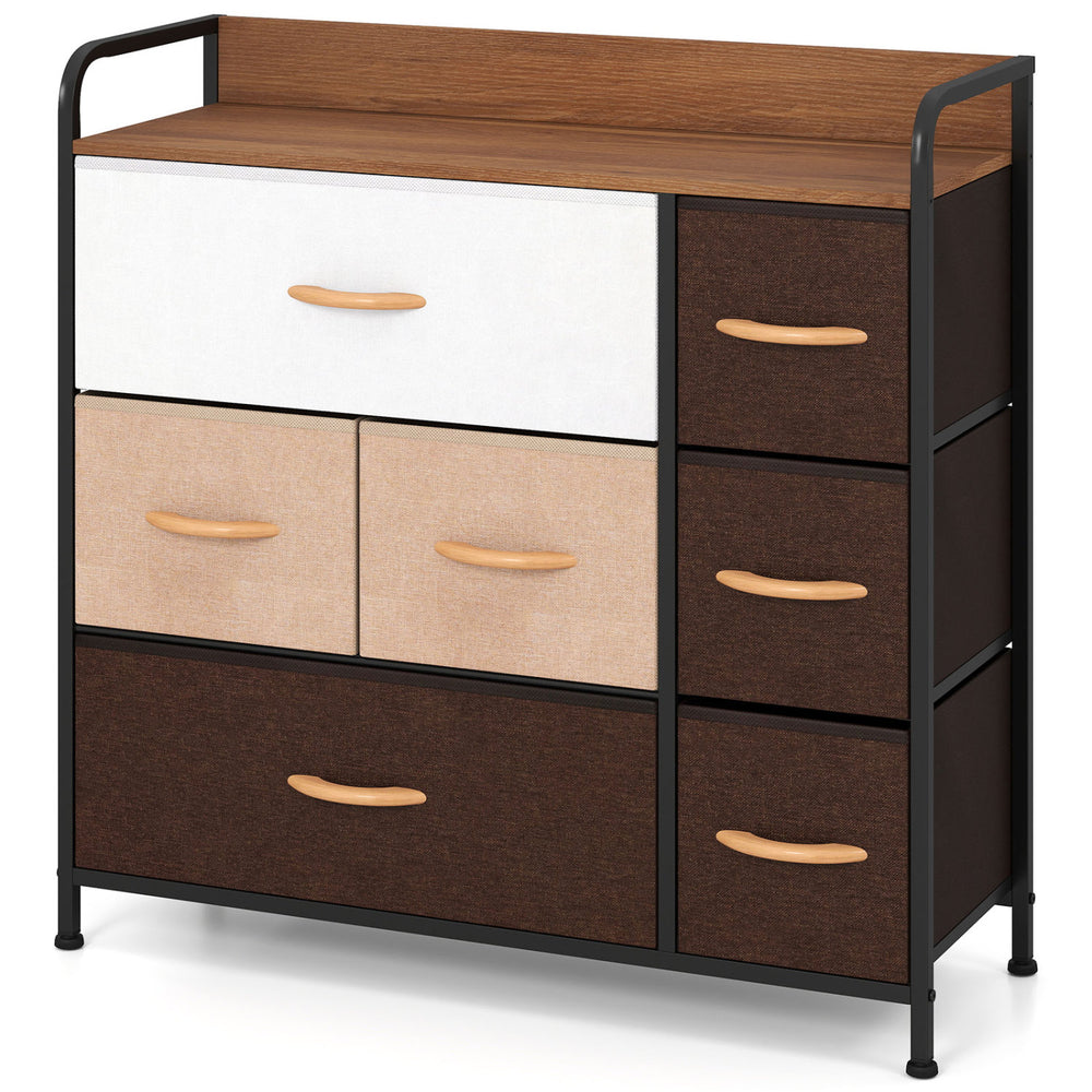 7-drawer tower dresser with a steel frame and wooden top, featuring fabric drawers for versatile bedroom storage.