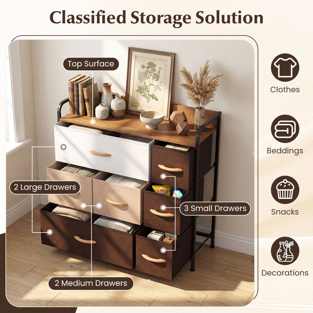 7-drawer tower dresser with steel frame and wooden top, featuring fabric drawers for organized storage in any room.