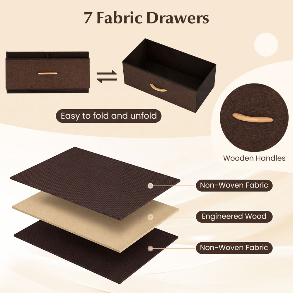 7 fabric drawers with wooden handles in a steel frame dresser, ideal for bedroom storage and organization.