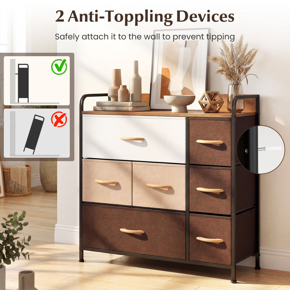 7-drawer tower dresser with steel frame and wooden top, featuring anti-toppling devices for safety in any room.