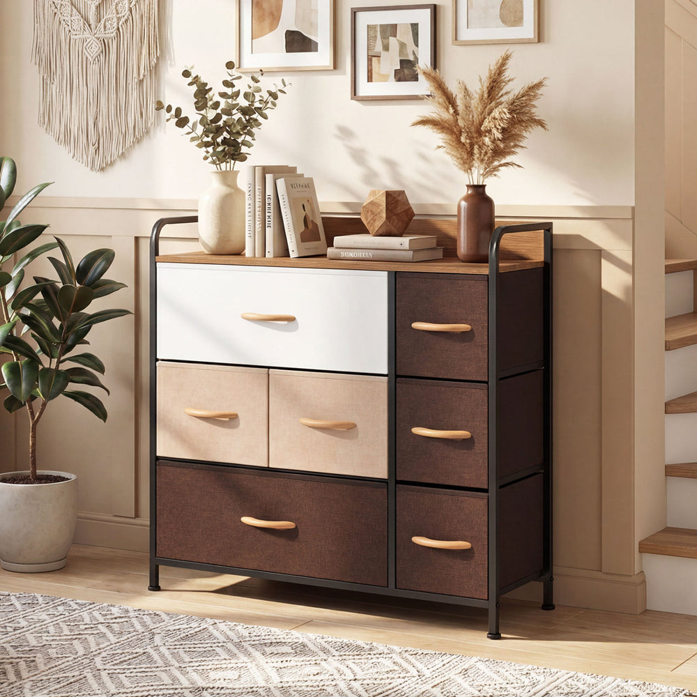 7-drawer tower dresser with a steel frame and wooden top, featuring fabric drawers and modern design for versatile.
