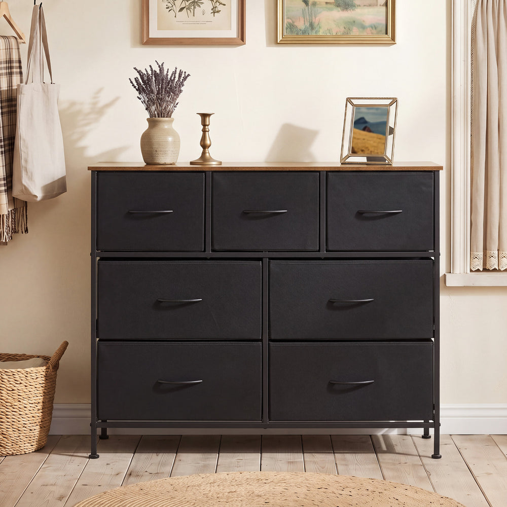 7-Drawer Wide Dresser with 2-Sized Folding Fabric Drawers for Bedroom-Black - Gallery View 1 of 10