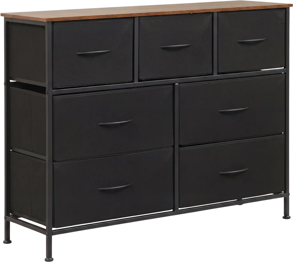 Wide 7-drawer dresser in black with a wood top, featuring removable fabric drawers for versatile bedroom storage.