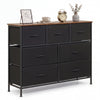Wide black dresser with 7 removable fabric drawers and a spacious tabletop, perfect for bedroom storage and organization.