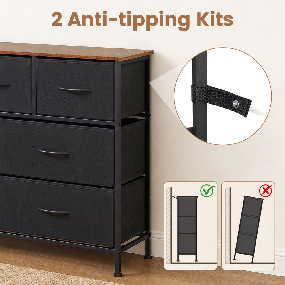 7-drawer wide dresser in black with removable fabric drawers and anti-tipping kits for enhanced bedroom safety.
