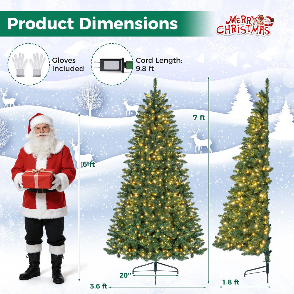 7 FT artificial half Christmas tree with 290 branch tips and 170 warm white LED lights, ideal for small spaces.