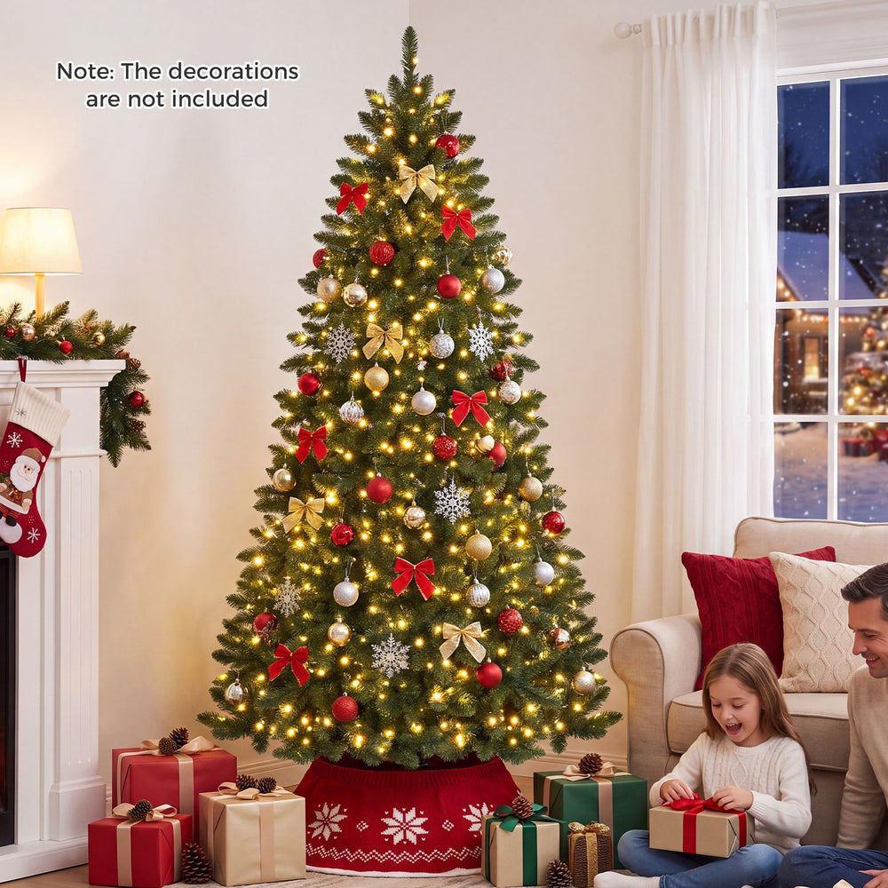 7 FT artificial half Christmas tree with 330 warm white LED lights, perfect for small spaces and easy setup.