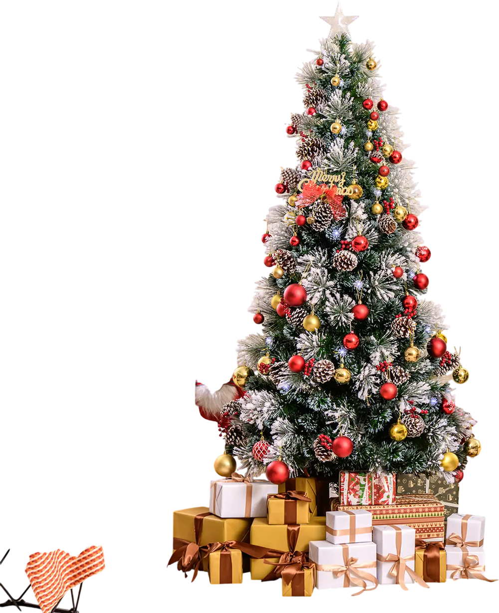 7 FT flocked Christmas tree with 270 branch tips and 76 LED lights, perfect for festive holiday decor.