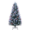 7 FT flocked Christmas tree with 270 branch tips, 76 LED lights, red berries, and pine cones for festive decor.