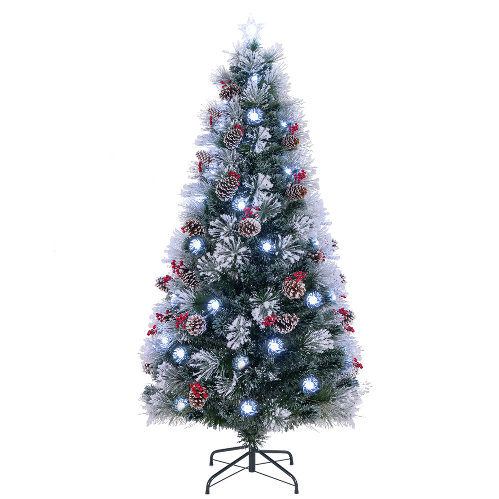 7 FT flocked Christmas tree with 270 branch tips, 76 LED lights, red berries, and pine cones for festive decor.