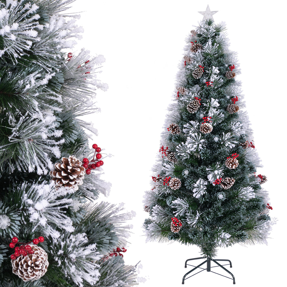 Flocked 7 FT Christmas tree with red berries, pine cones, and 76 LED lights, featuring 8 lighting modes for festive.