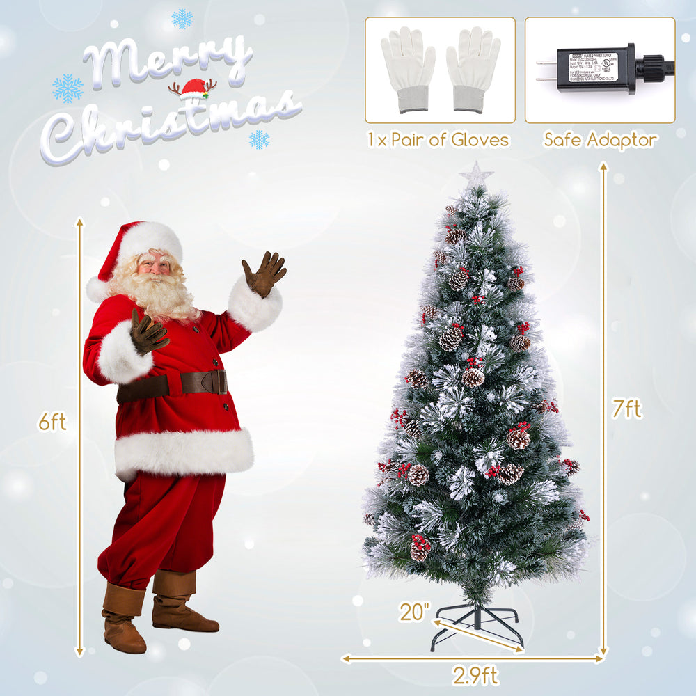 7 FT flocked Christmas tree with 270 branch tips, 76 LED lights, and red berries for festive holiday decor.