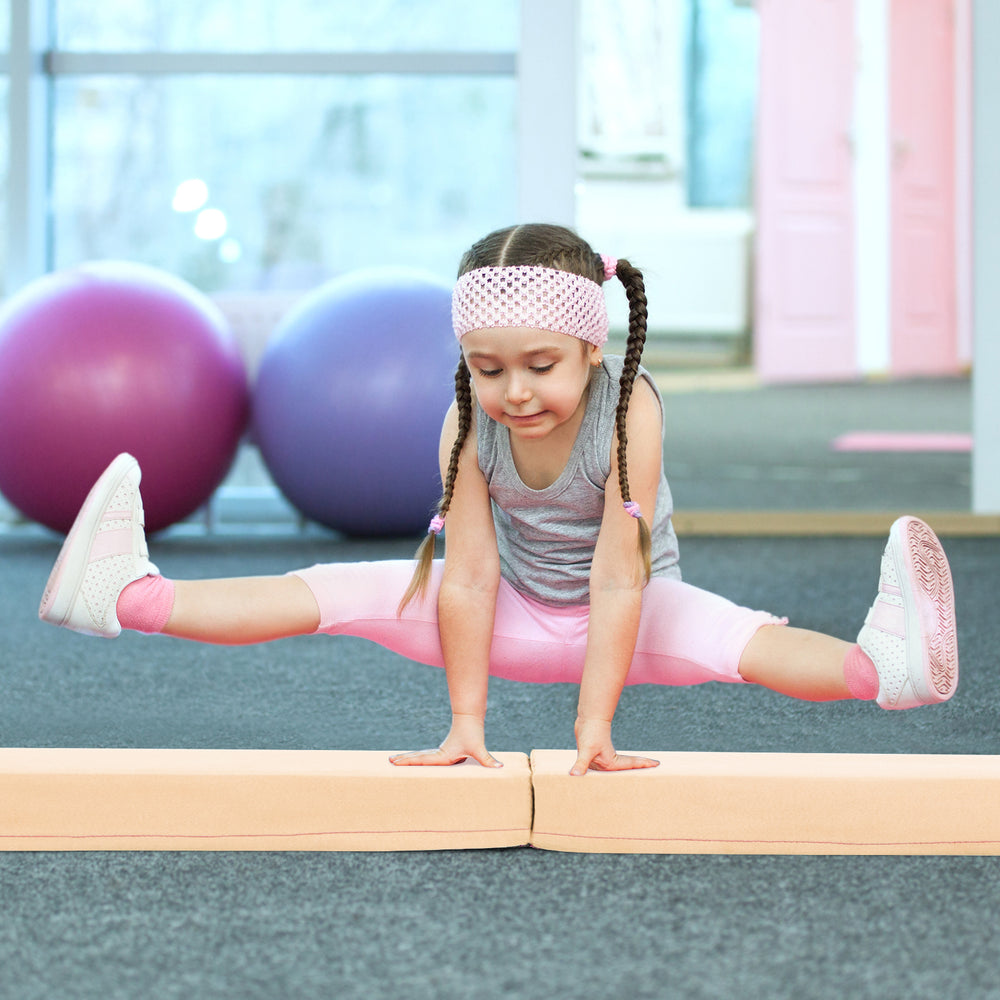 Folding balance beam with removable suede cover, ideal for home gymnastics training, featuring anti-slip bottom.