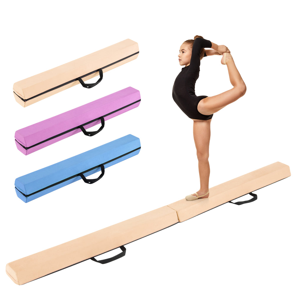 Folding 7 FT balance beam in khaki with removable suede cover, ideal for home gymnastics training and easy transport.