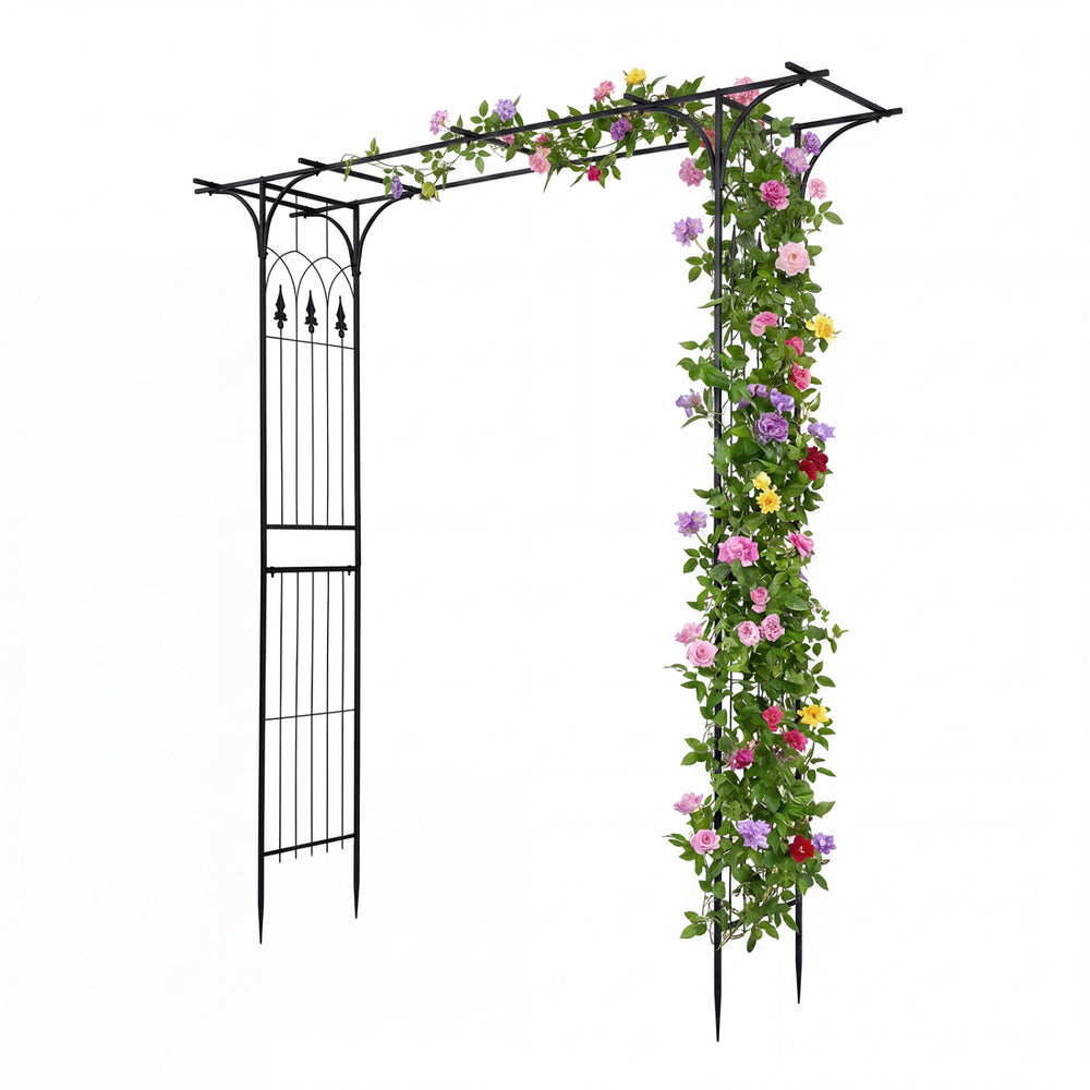 7 FT garden arch arbor with flat top design, showcasing vibrant flowers for a beautiful garden entrance or wedding.