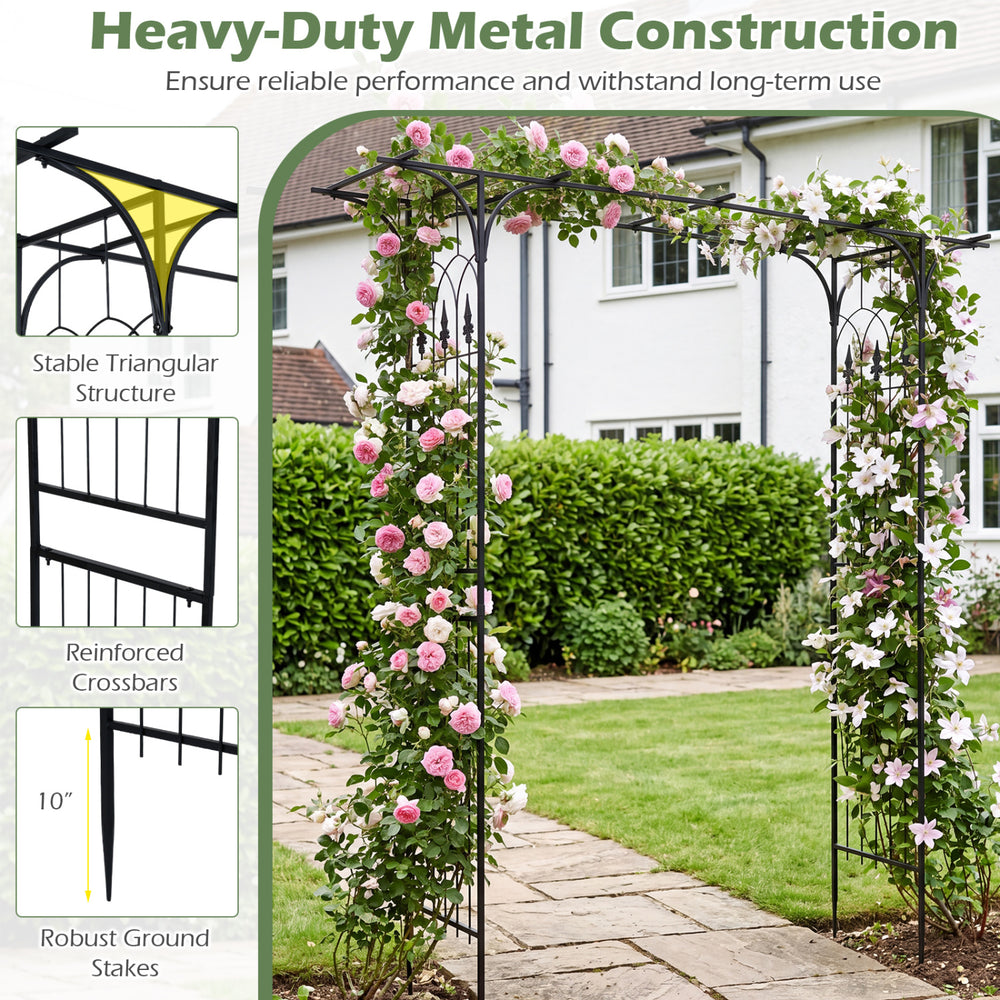 Close-up view of the garden arch arbor's reinforced metal joints and stable triangular design for climbing plants.