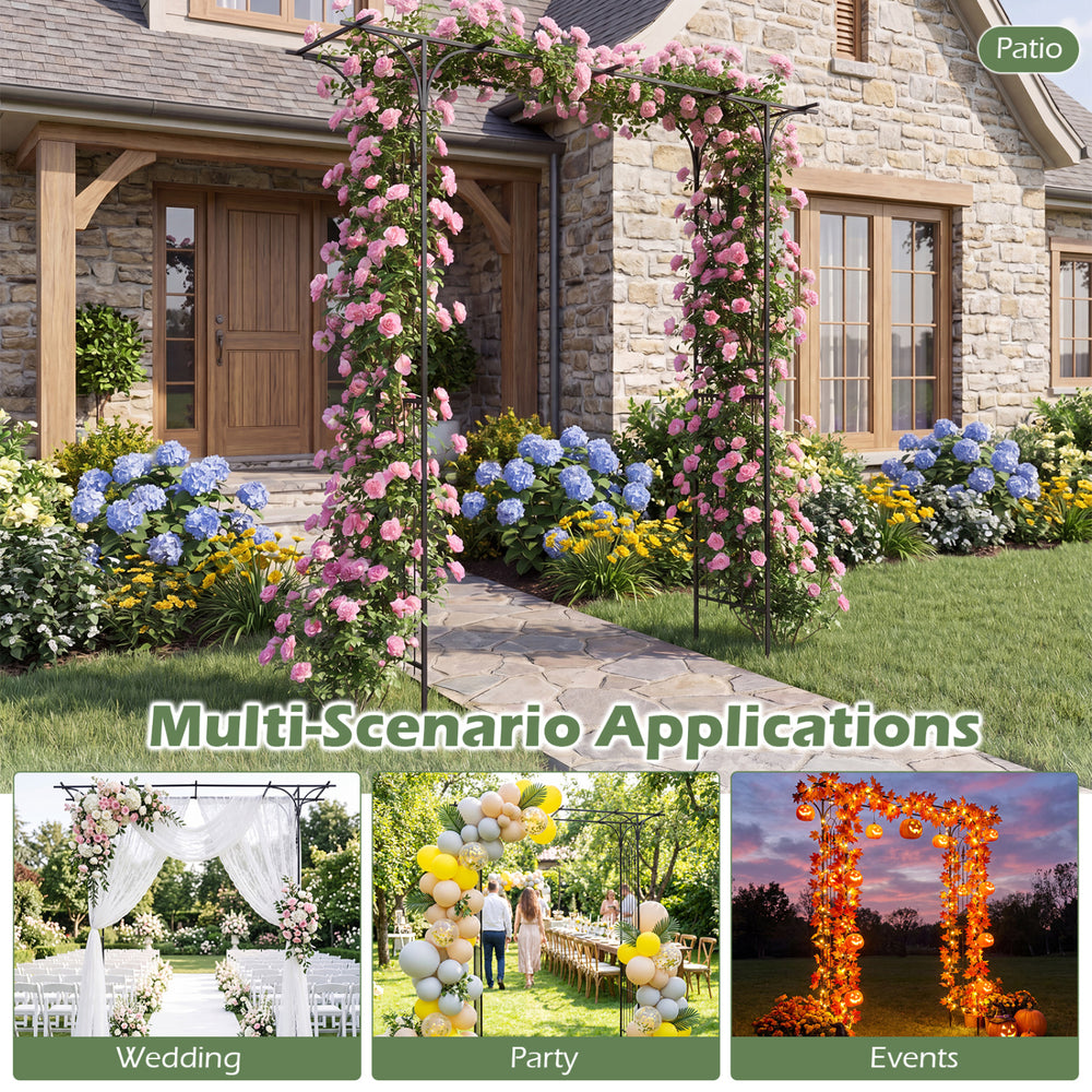 7 FT garden arch arbor with flat top design, powder-coated metal frame, ideal for weddings and outdoor events.
