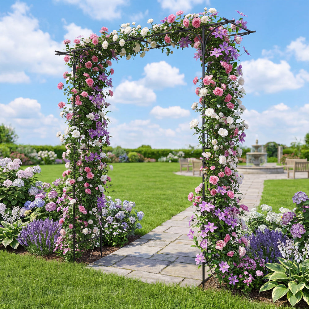 7 FT garden arch arbor with flat top design, adorned with climbing plants, ideal for weddings and backyard entrances.