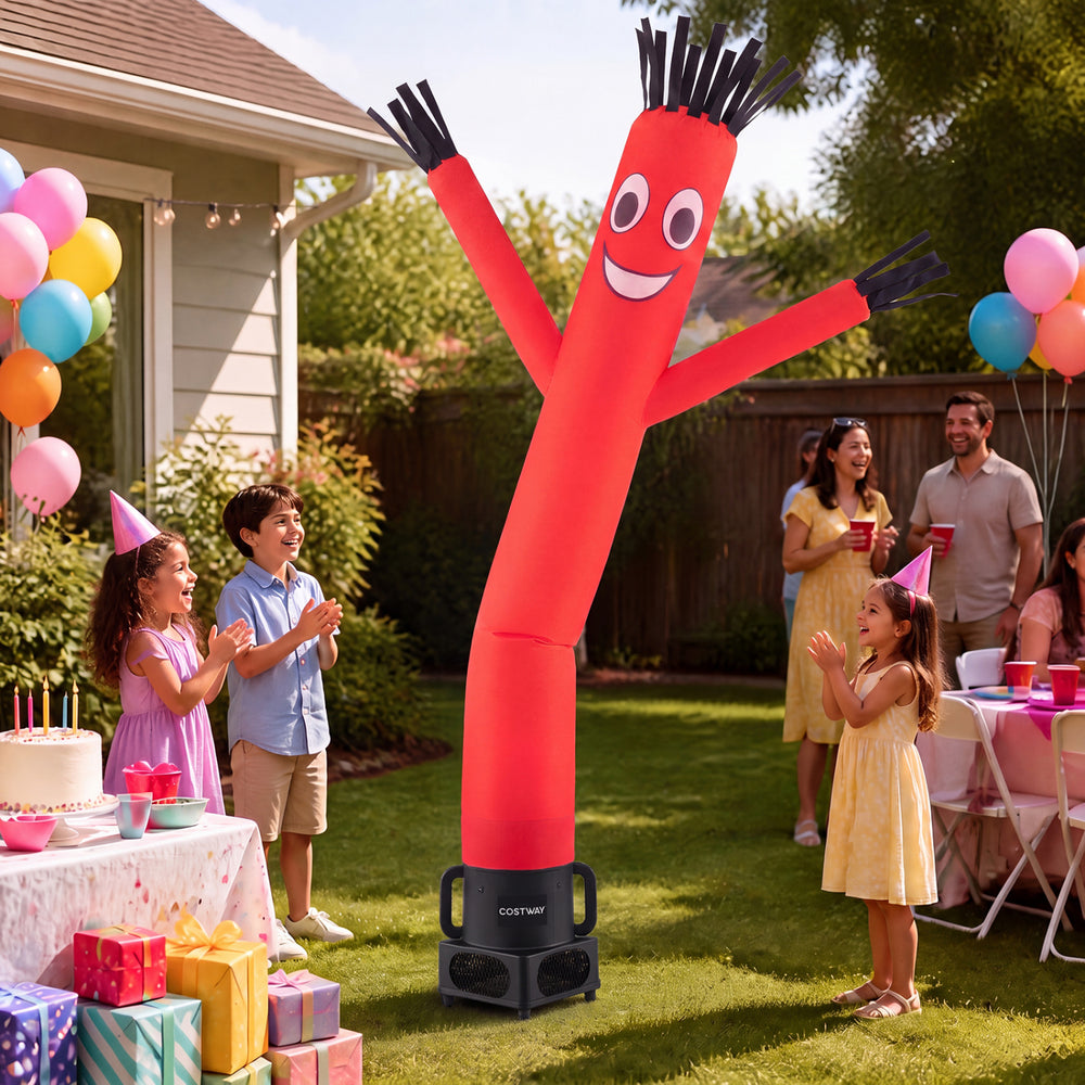 The 7 ft inflatable tube man features a bright smile and energetic sway, perfect for outdoor business promotions.