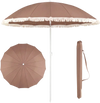 Brown 7 FT patio umbrella with boho fringe tassels, displayed in a folded position for easy storage and transport.
