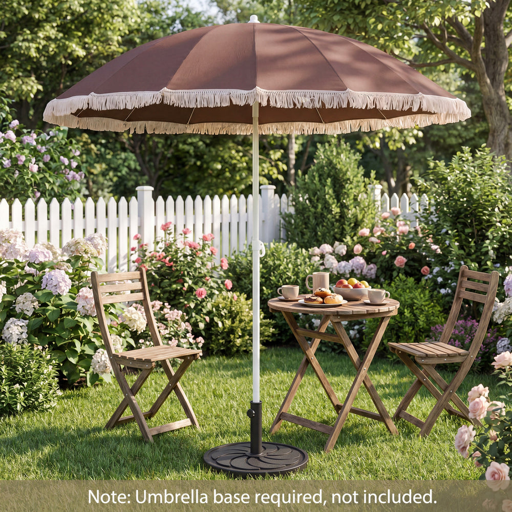 7 FT brown patio umbrella with fringe tassels, perfect for outdoor beach, garden, or poolside relaxation.