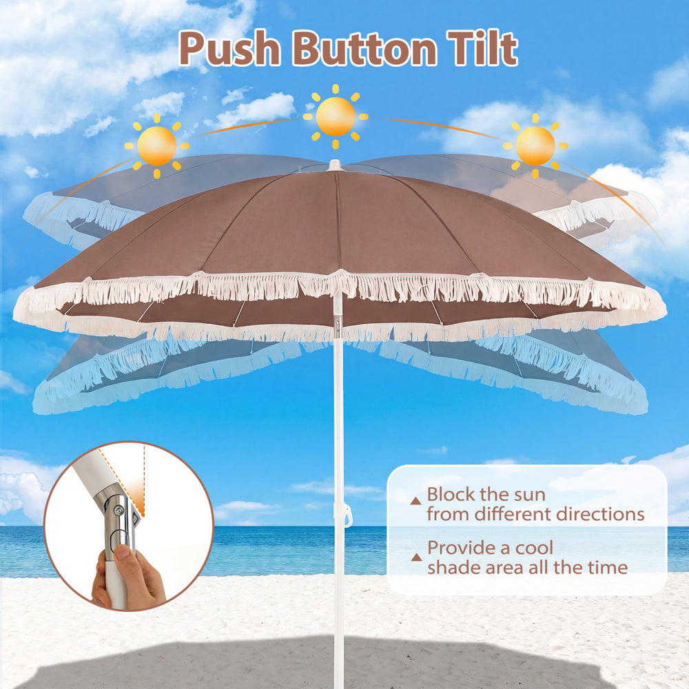 7 FT brown patio umbrella with fringe tassels, featuring a push button tilt for versatile sun protection at the beach.