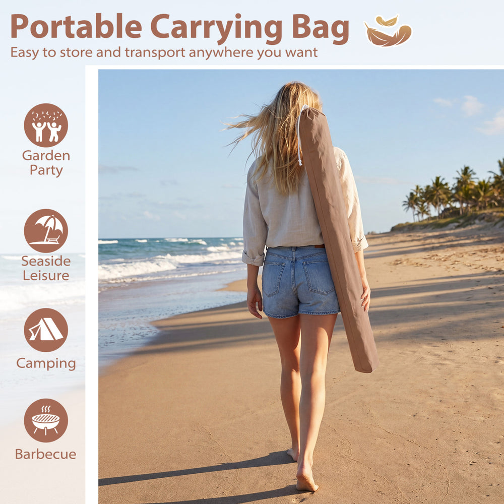 Brown 7 FT patio umbrella with fringe tassels, perfect for beach, garden, or poolside relaxation.