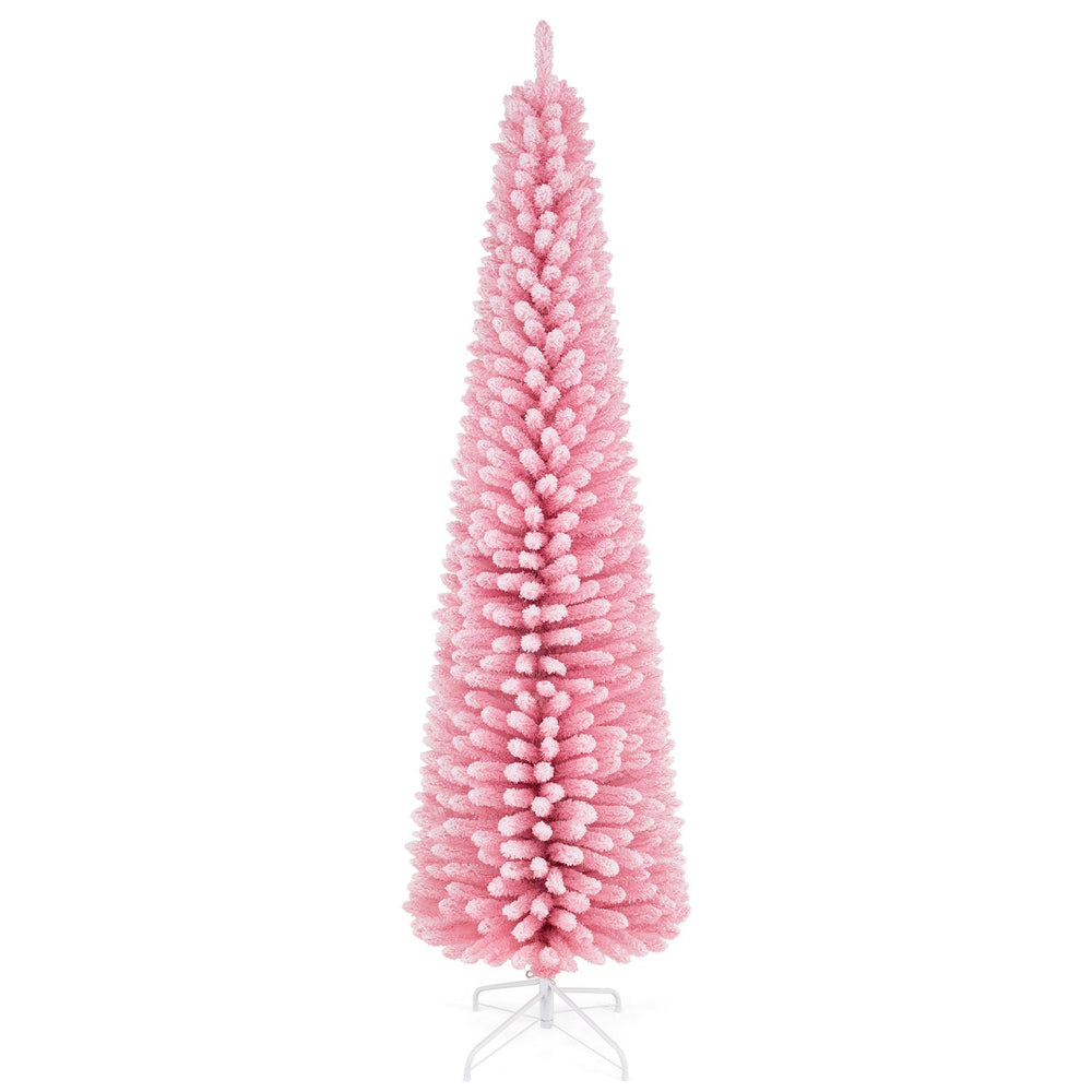 Tall 7 FT pink artificial Christmas tree with 575 snow flocked PVC branch tips for festive holiday decoration.