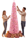 7 FT pink artificial Christmas tree with 575 snow flocked PVC branch tips, perfect for festive holiday decor.