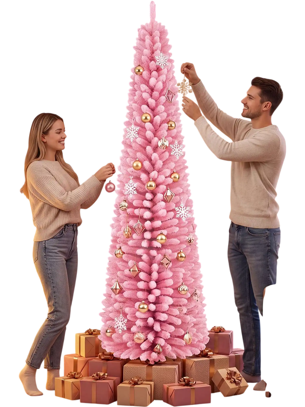 7 FT pink artificial Christmas tree with 575 snow flocked PVC branch tips, perfect for festive holiday decor.