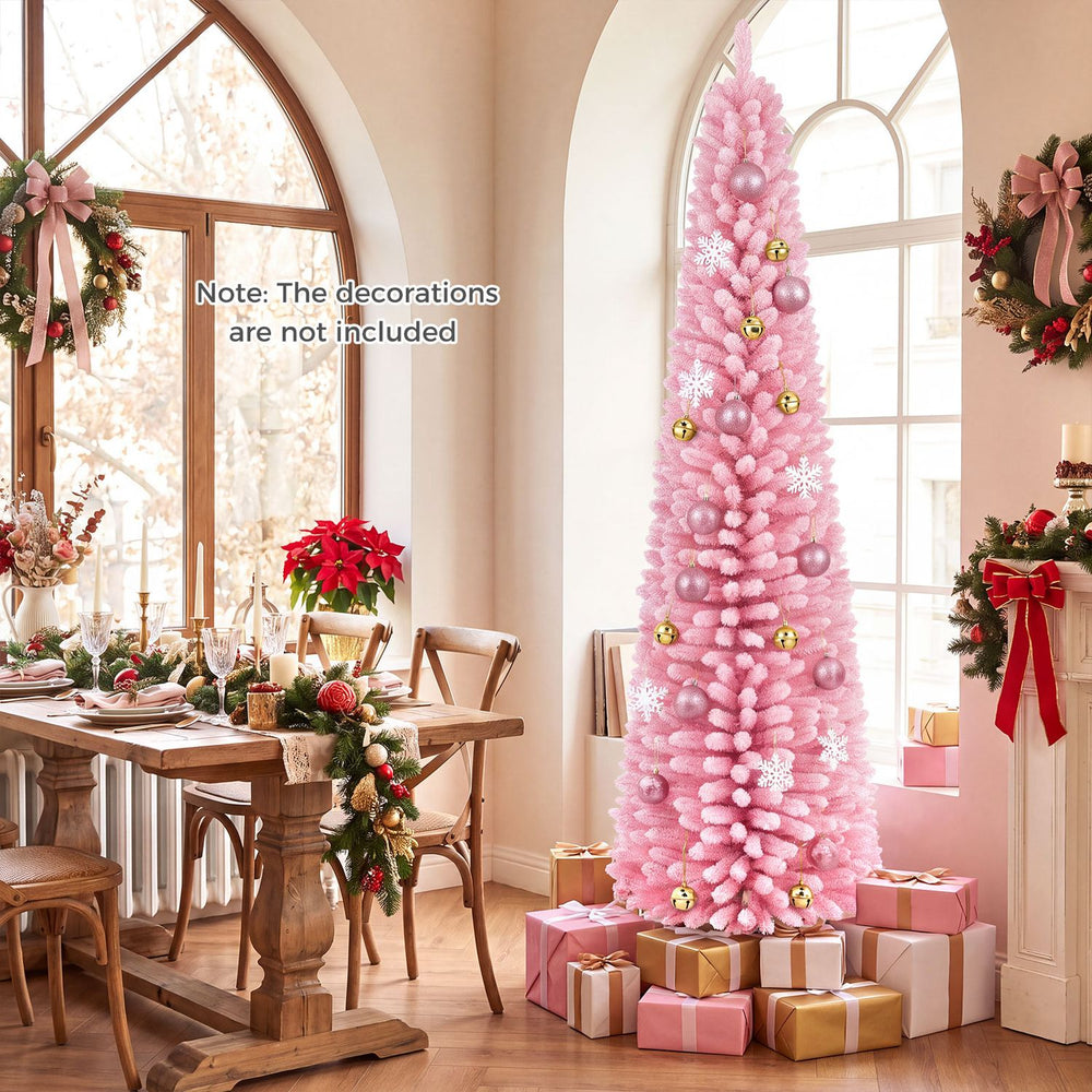 Slim 7 FT pink artificial Christmas tree with 575 snow flocked PVC branch tips, ideal for minimal floor space and festive charm.