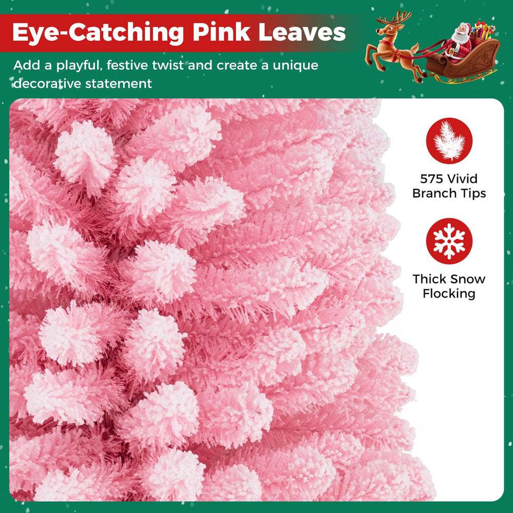 7 FT pink artificial Christmas tree featuring 575 snow flocked PVC branch tips for a playful and festive decorative statement.