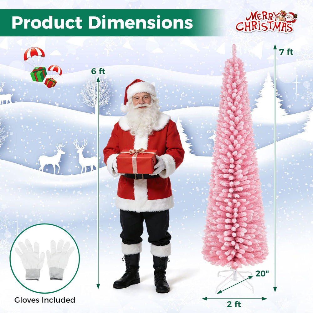 7 FT pink artificial Christmas tree with 575 snow flocked PVC branch tips, perfect for festive holiday decoration.