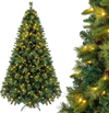 7 FT pre-lit artificial Christmas tree with 310 warm white LED lights, featuring realistic balsam fir and natural pine cones.
