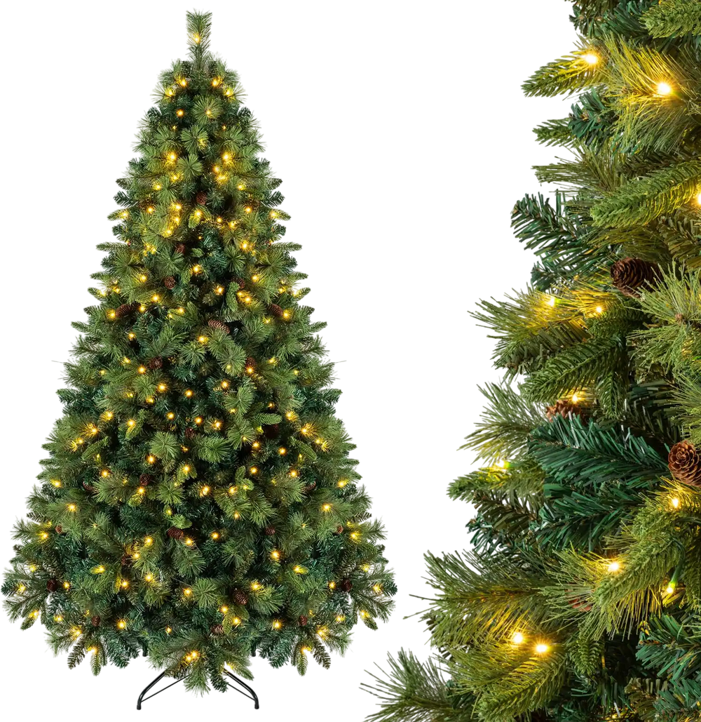 7 FT pre-lit artificial Christmas tree with 310 warm white LED lights, featuring realistic balsam fir and natural pine cones.