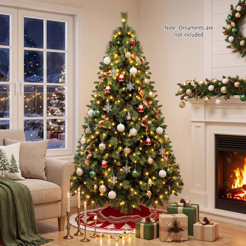 7 FT pre-lit artificial Christmas tree featuring 310 warm white LED lights, realistic balsam fir foliage, and a festive ambiance.